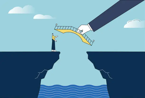 Vector illustration of The giant helps the white-collar man build a bridge on the cliff.