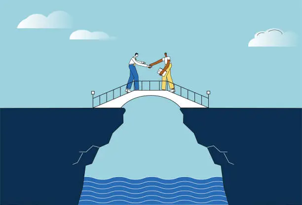 Vector illustration of Two businessmen shaking hands and cooperating on the cliff bridge.
