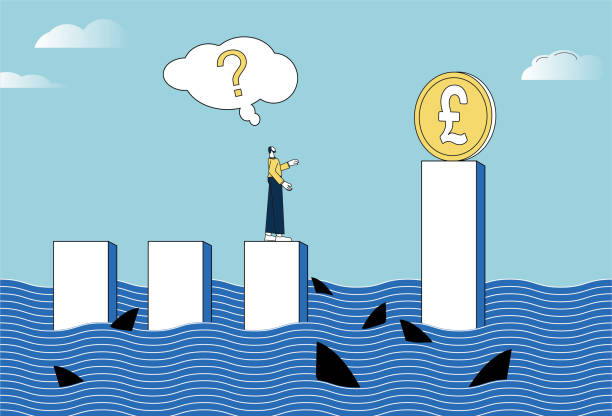 ilustraciones, imágenes clip art, dibujos animados e iconos de stock de the businessman stood on the sea full of sharks, thinking about how to overcome the difficulties and obtain the wealth of pounds. - making money risk loss dice