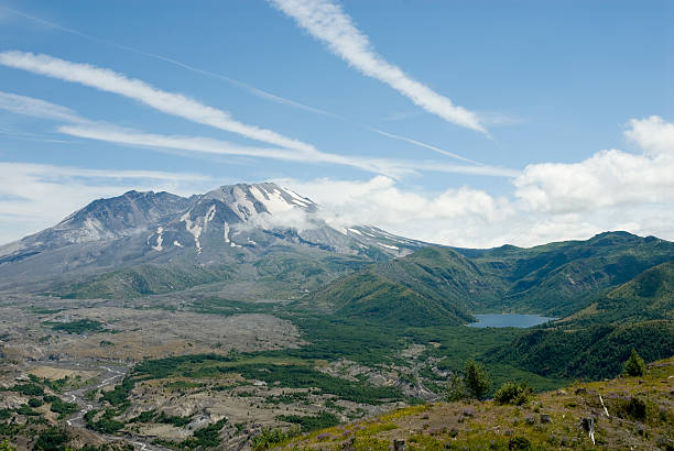 Mount St. Helens and Spirit Lake Shot of Mount St. Helens and Spirit Lake on a very clear day. north cascades national park cascade range waterfall snowcapped stock pictures, royalty-free photos & images