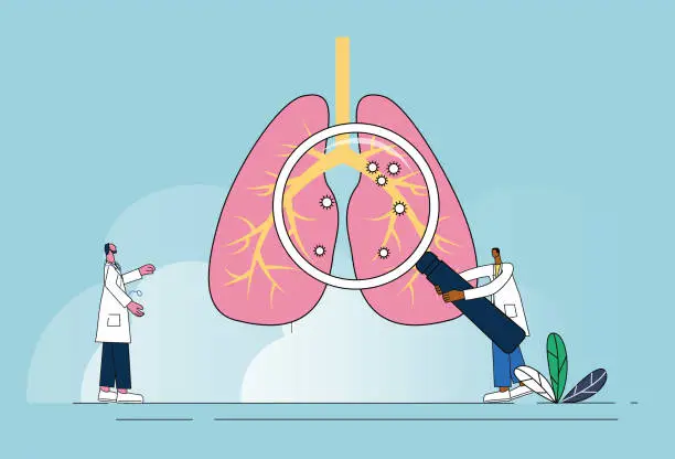 Vector illustration of Two doctors examine the lungs with magnifying glasses.
