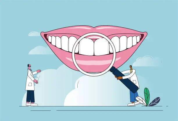 Vector illustration of Two doctors examine teeth with magnifying glasses.