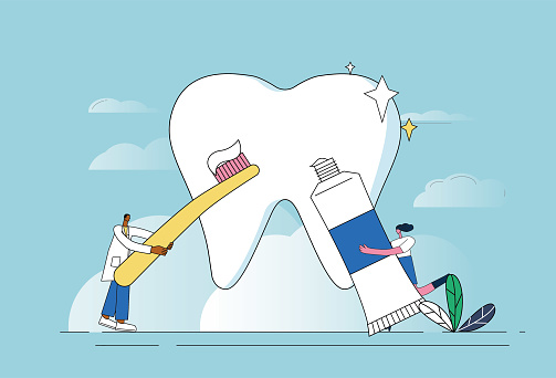 Doctor cleans teeth with toothbrush. Dental care concept illustration.