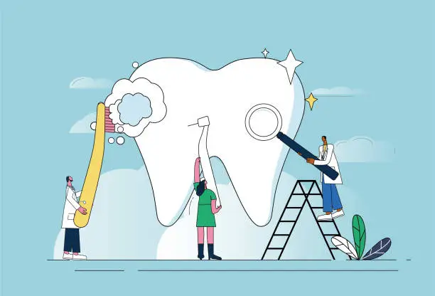 Vector illustration of Doctors cleaning teeth, dental care concept illustration.