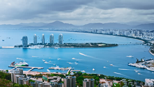 Aerial view of city skyline and modern buildings at the seaside, Sanya, Hainan Island, China.