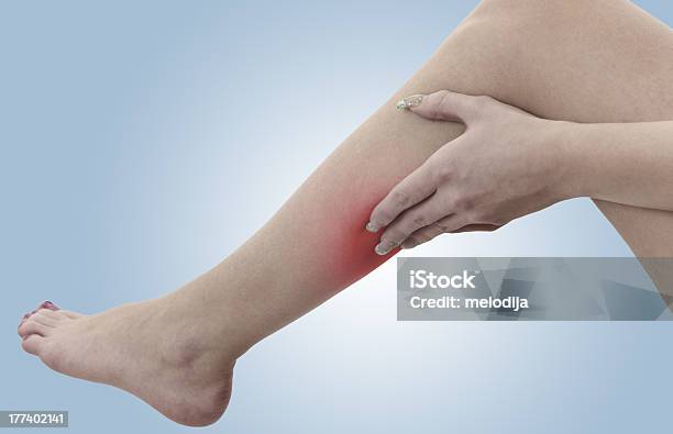 Pain In A Woman Calf Stock Photo - Download Image Now - One Woman Only, Uncomfortable, Adult