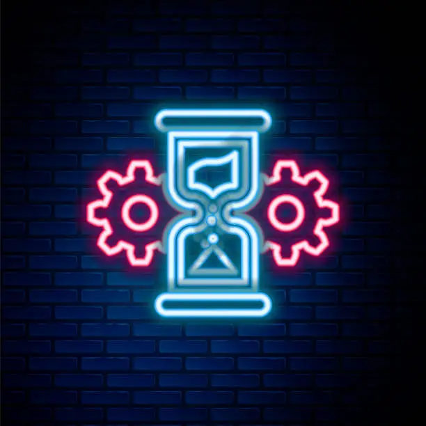 Vector illustration of Glowing neon line Hourglass and gear icon isolated on brick wall background. Time Management symbol. Clock and gear icon. Business concept. Colorful outline concept. Vector