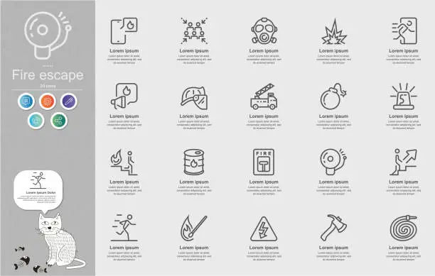 Vector illustration of Fire escape Line Icons Content Infographic