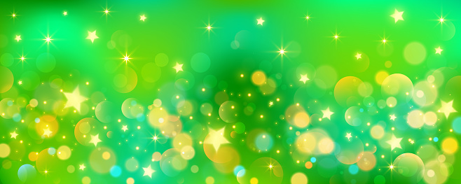 Green background with glitter stars. Bright fantasy sky. Space with bokeh. Fairy iridescent gradient backdrop. Vector.