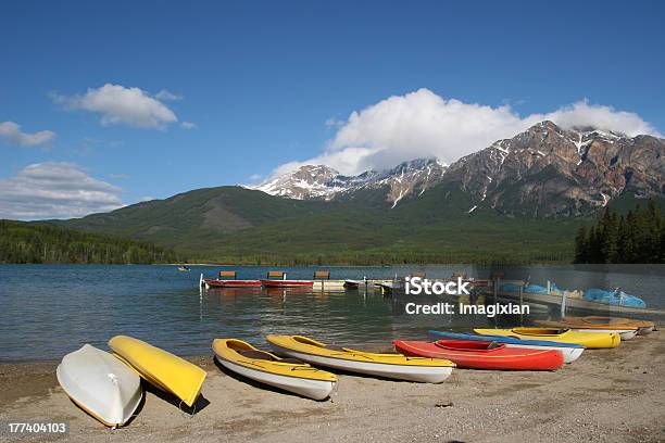 Kayaks At Dock In Pyramid Lake Stock Photo - Download Image Now - Adventure, Alberta, Blue