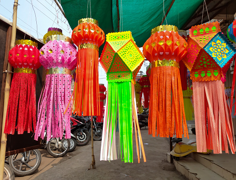 colourful lanterns or Diwali kandil hanging in the market