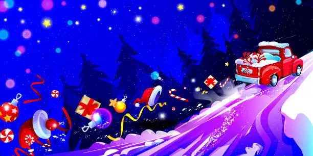 Vector illustration of Merry Christmas! A Santa Claus pickup truck with gifts and New Year's toys falling out of the body against the backdrop of a night forest winter landscape. Creative vector illustration in cartoon style.
