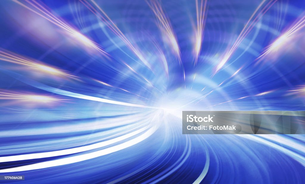 Abstract Speed motion in blue highway tunnel "Abstract speed motion in urban highway road tunnel, blurred motion toward the light. Computer generated colorful illustration. Light trails, fiber optics technology background." Light Trail Stock Photo