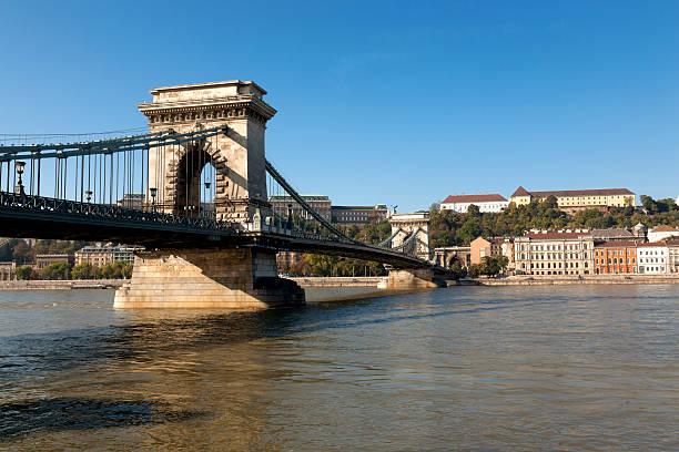 kettenbrücke, budapest mit schloss buda im hintergrund. - royal palace of buda residential district budapest hungary stock-fotos und bilder