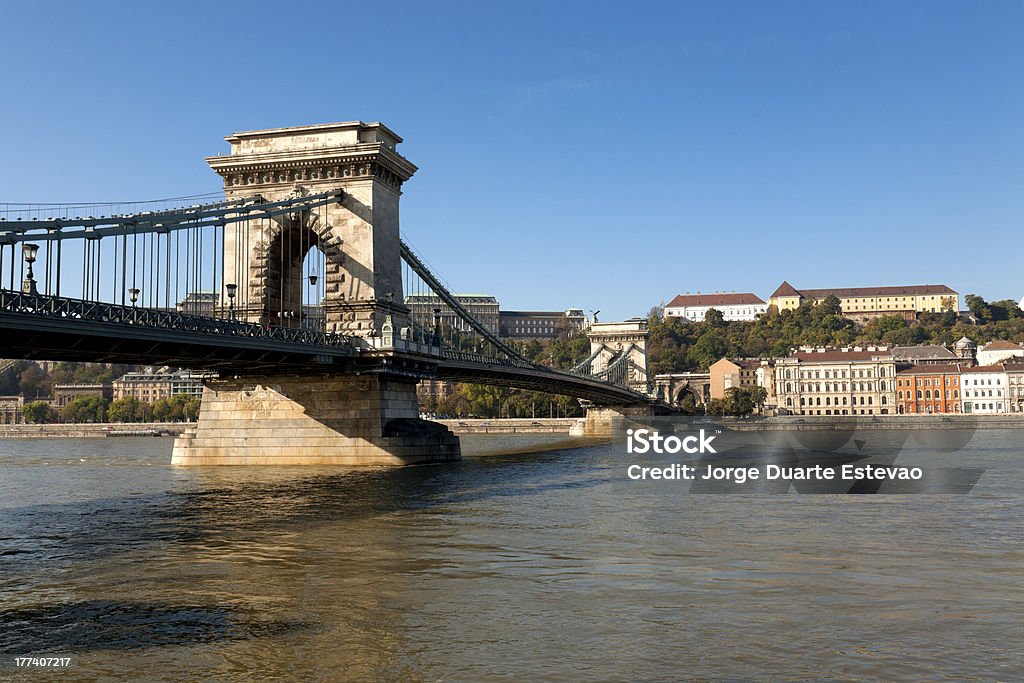 Budapest, du pont des chaînes Széchenyi et château de Buda dans l'arrière-plan - Photo de Budapest libre de droits