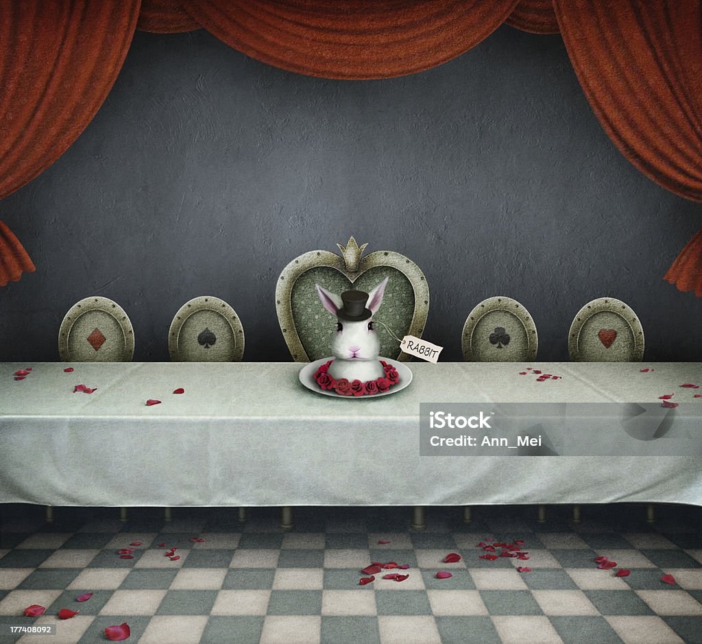 Room with table "Fairy tale illustration with  table and  dish with  rabbit, wonderland. Computer graphics." Spooky stock illustration