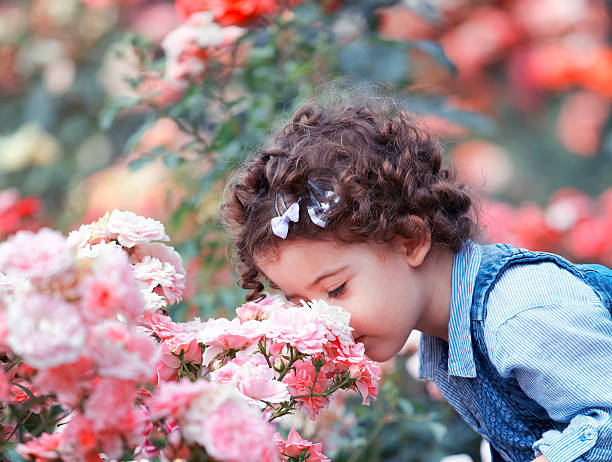 istock Baby girl smelling pink roses 177408708