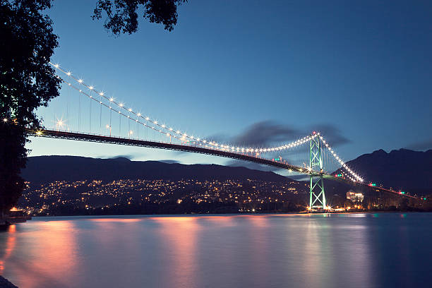 Lions gate bridge with lights on at night Lions Gate Bridge from the seawall in Stanley Park in Vancouver, BC. vancouver at night stock pictures, royalty-free photos & images