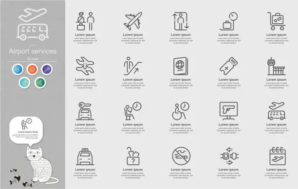 Vector illustration of Airport services Line Icons Content Infographic