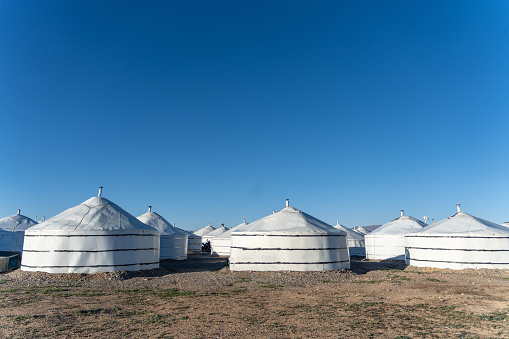 White yurt, blue sky, Qinghai, China