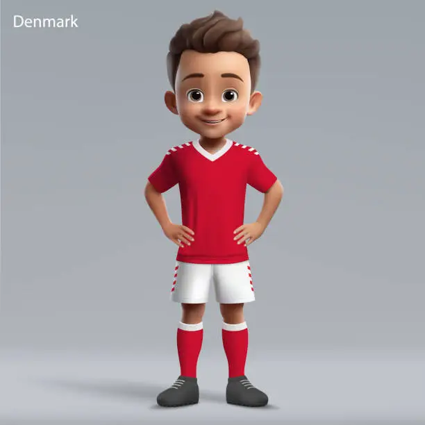 Vector illustration of 3d cartoon cute young soccer player in Denmark national team kit.