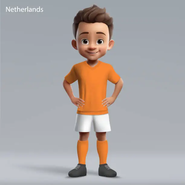 Vector illustration of 3d cartoon cute young soccer player in Netherlands national team kit.