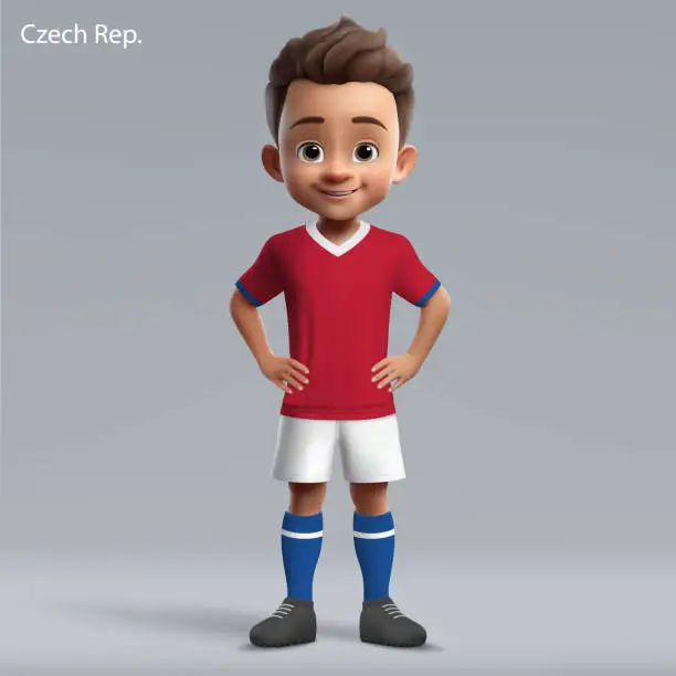 Vector illustration of 3d cartoon cute young soccer player in Czech Republic national team kit.