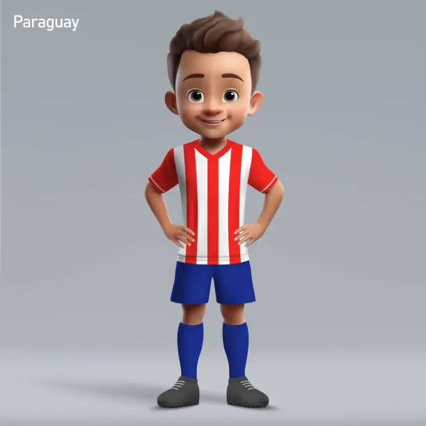 Vector illustration of 3d cartoon cute young soccer player in Paraguay national team kit