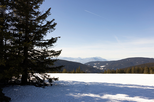 Winter colors in the mountains. Panorama of the Silesian Beskids from the Kubalonka Pass. Poland