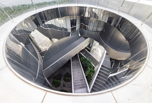 A staircase in a modern office building