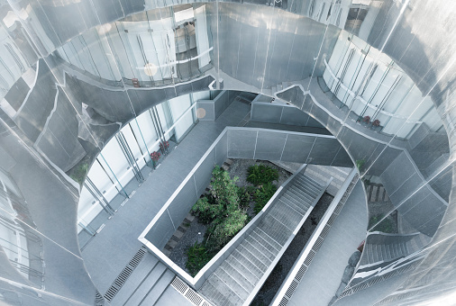 A staircase in a modern office building