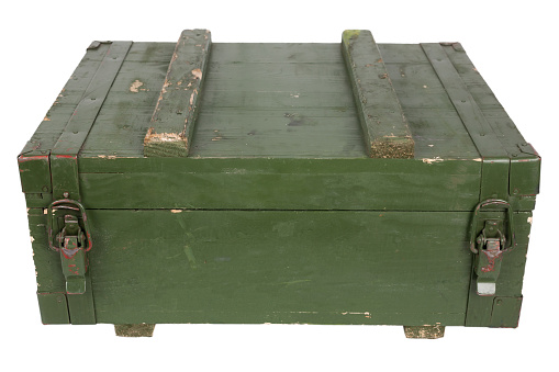 Ammunition wooden crate green color isolated on white background