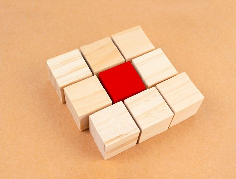 Red wooden block standing out from the group on brown background. Divergent views concepts.