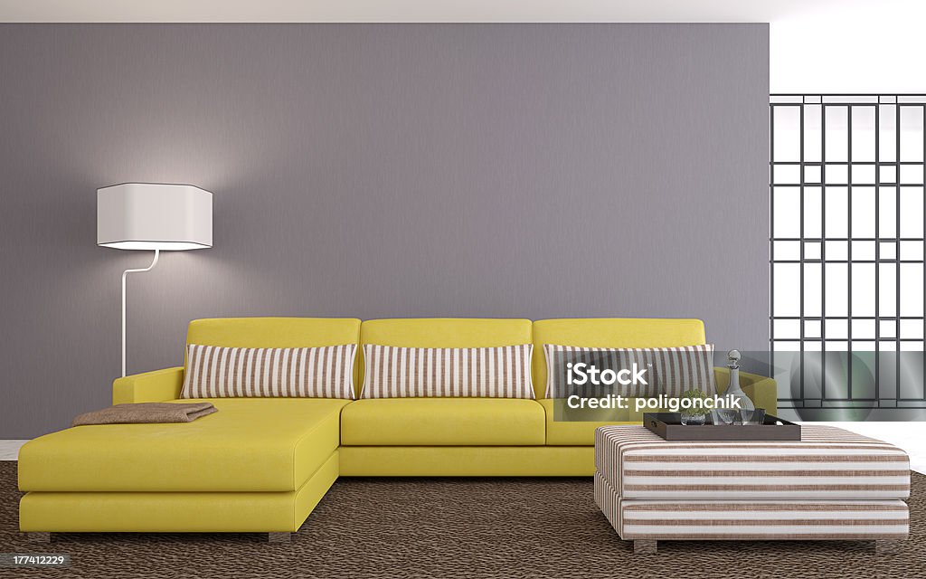 Modern living-room Modern living-room interior with yellow couch near empty gray wall. 3d render. Apartment Stock Photo