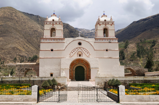 Colonial church on the main plaza in Lari. Colca canyon area.