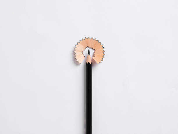 Education concept. Black pencil tip surrounded by its shaving on white background.