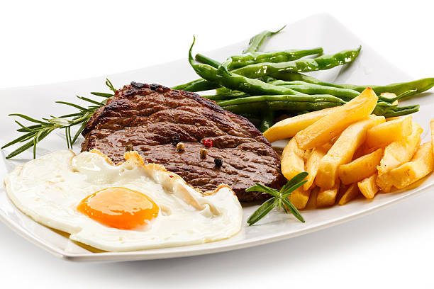 istock Beefsteak, fried egg, French fries and vegetables 177412988