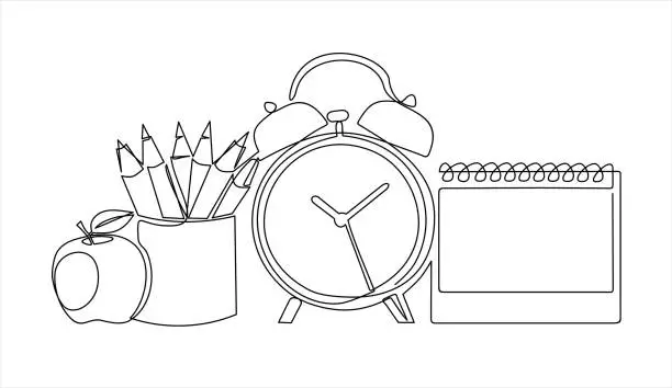 Vector illustration of One continuous line drawing of pencil case, alarm clocks and calendar on office desk. Stationery for study and tidy on the table. Happy study. Smart education concept vector illustration.