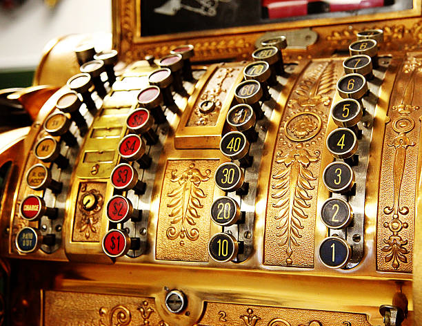 antique store cash register buttons close stock photo