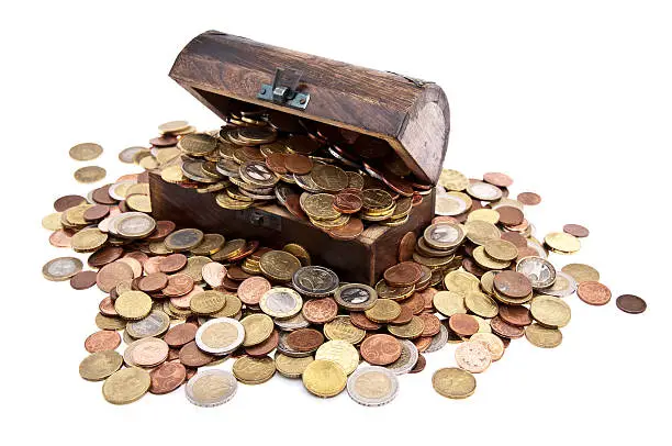 Treasure with Euro-Coins (total view) isolated on white background