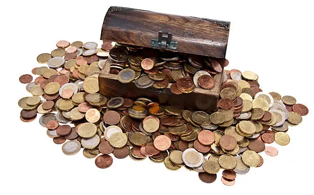 Treasure with Euro-Coins (total view) isolated on white background