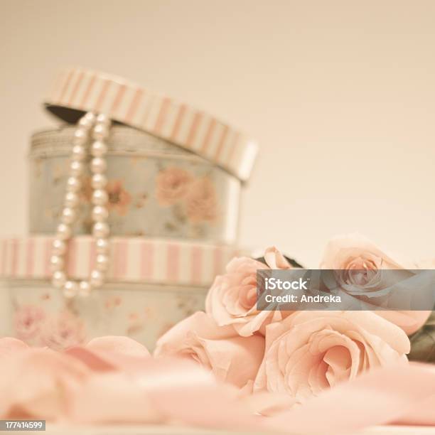Vintage Roses And Pearl Necklace Stock Photo - Download Image Now - Make-Up Bag, Pearl Jewelry, Pink Color