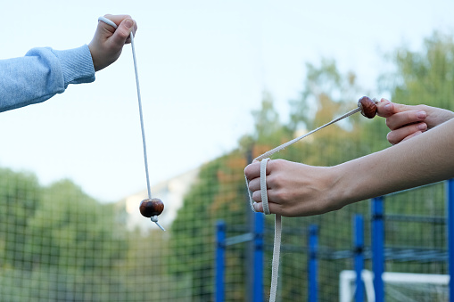 Conkers game. Traditional children's game in Great Britain and Ireland played using the seeds of horse chestnut trees.