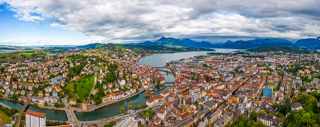 Lucerne, Switzerland aerial panorama view over the Ruess River.