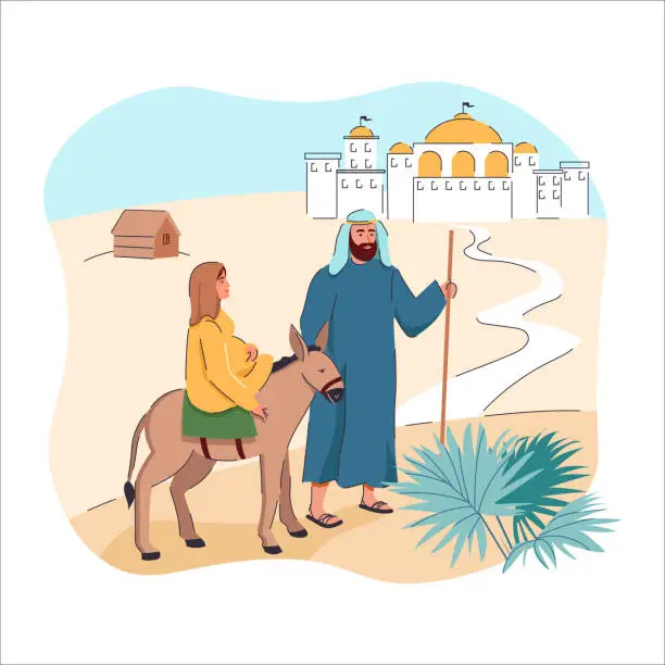 Vector illustration of Joseph and pregnant Mary riding on donkey going to Bethlehem cartoon vector illustration. Virgin Mary and Joseph bible story. Birth of Jesus Christ. Christian Nativity.
