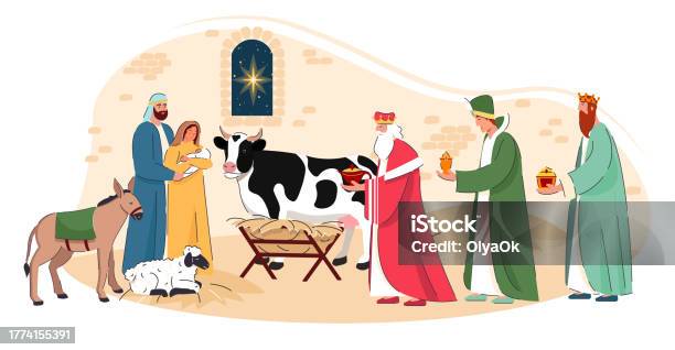 Ilustrasi Vektor Alkitab Tentang Kelahiran Keluarga Kudus Dan Tiga Orang Majus Memberikan Harta Ilustrasi Vektor Alkitab Tentang Kelahiran Keluarga Kudus Dan Tiga Orang Majus Memberikan Harta