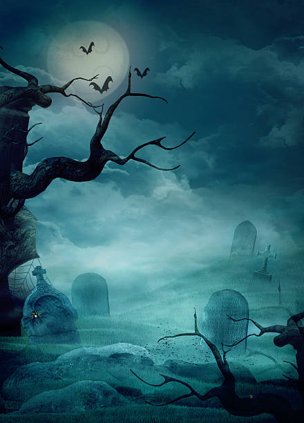 хэллоуин дизайн-жуткий graveyard - cemetery grave halloween non urban scene stock illustrations
