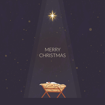 Bethlehem Star minimalistic background. Christmas scene of baby Jesus in the manger at night with big Bethlehem star. Christian Nativity with text Merry Christmas, vector banner. The birth of Jesus