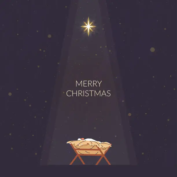 Vector illustration of Bethlehem Star minimalistic background. Christmas scene of baby Jesus in the manger at night with big Bethlehem star. Christian Nativity with text Merry Christmas, vector banner. The birth of Jesus