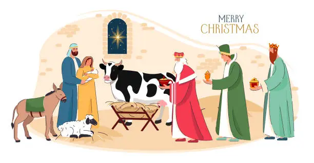 Vector illustration of Nativity with text Merry Christmas, vector banner. Holy Family and the three wise men giving treasures to Jesus. Wise men journey to Bethlehem. Baby Jesus in the manger. Merry Christmas background.